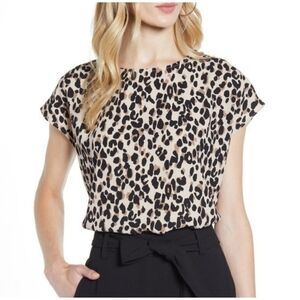 Halogen Leopard Print Cap Sleeve Lightweight Blouse Women's Size XS Black/Brown